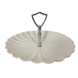 Vintage California Pottery White Scallop Clam Shell Silver Handle Candy Dish